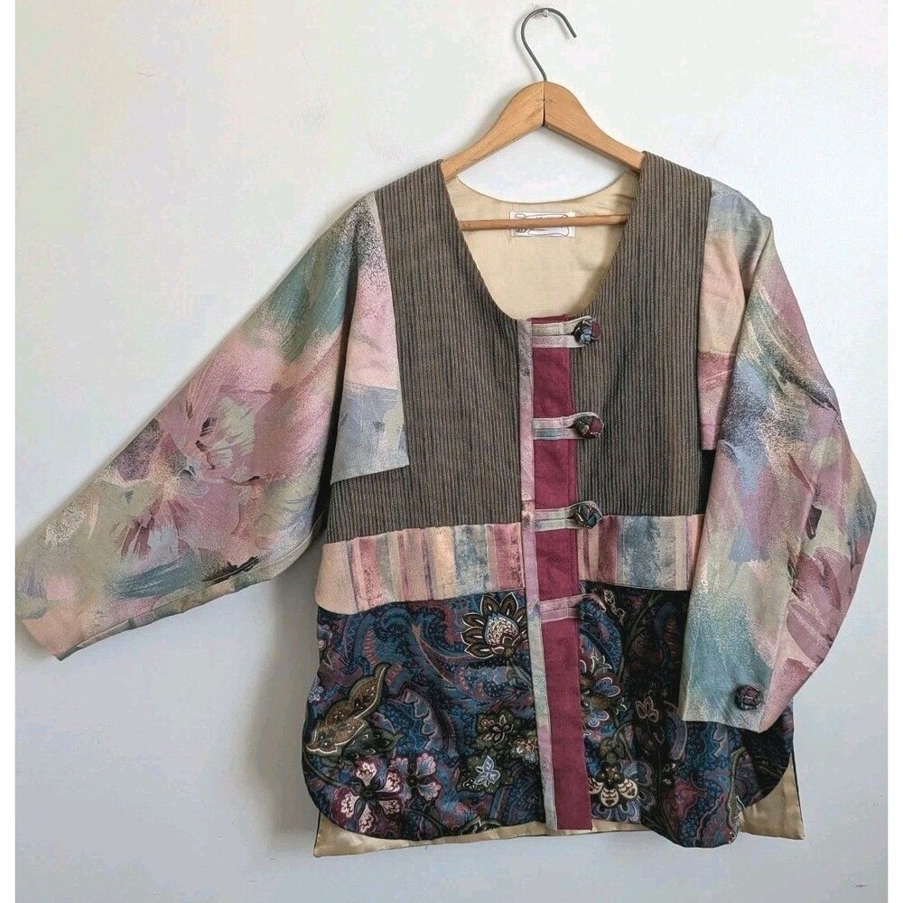OOAK 90s Jacket Boutique Patchwork Wearable Art Vtg Boho Green Pink Mixed Media